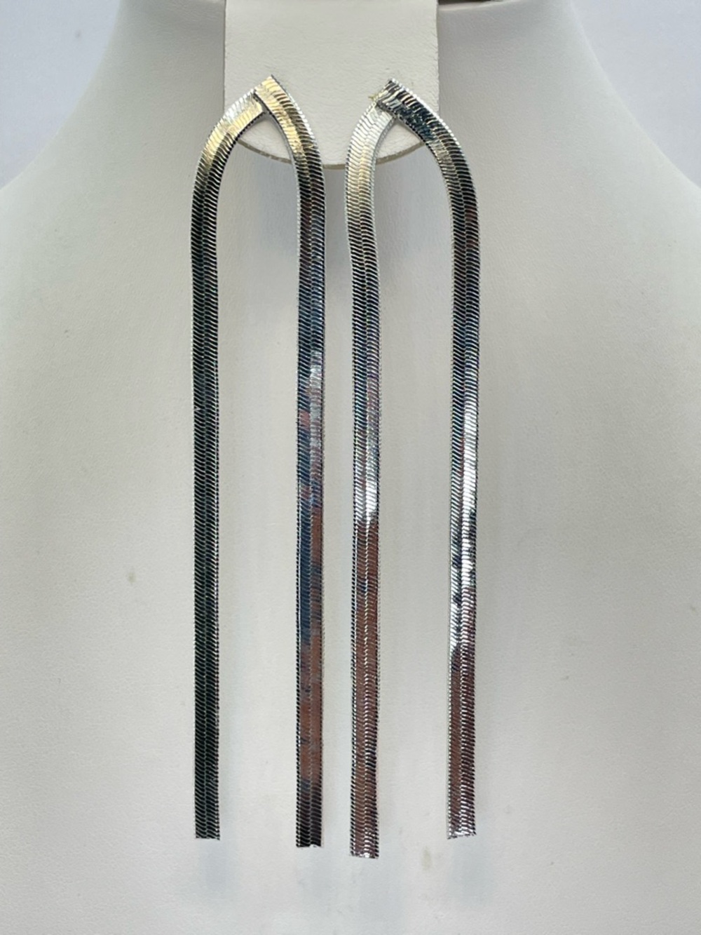 Silver Tone Herringbone Chain Dangle Earrings Long Minimalist